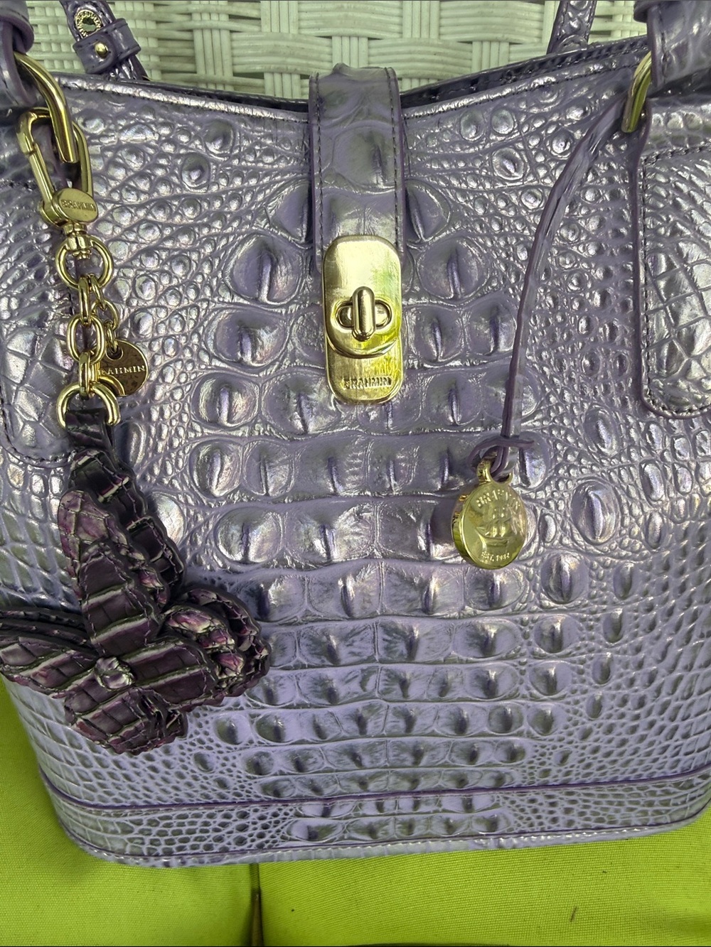 Brahmin Metallic Lilac Croc-Embossed Shoulder Bag comes with purple Brahmin butt - Picture 4 of 6